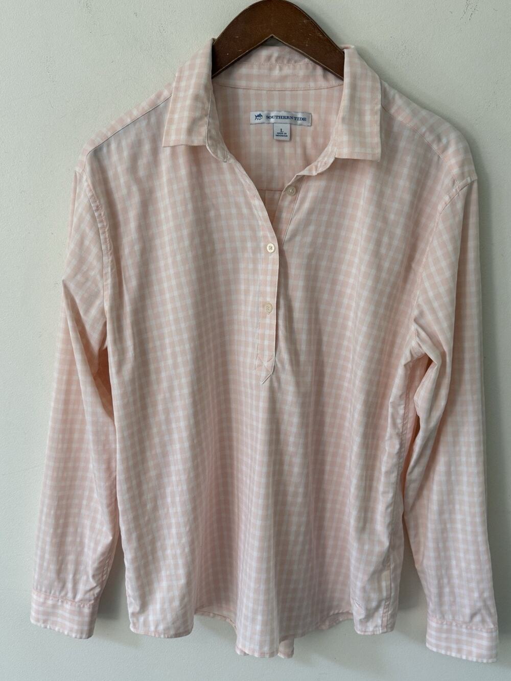 Southern Tide Pink Dogwood Hadley Popover Top Short Size Large Gingham Preppy